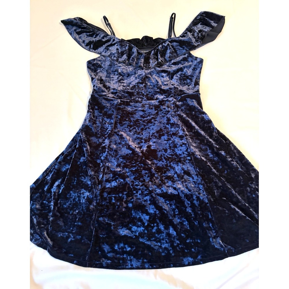American Eagle‎ Dress Blue Velour Velvet  Medium Cochet Short Party off shoulder